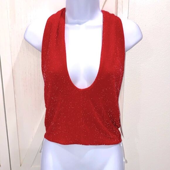 Bar lll Holiday Party Cherry On Top Red With Metallic Silver Stitch Halter Top - Picture 1 of 14
